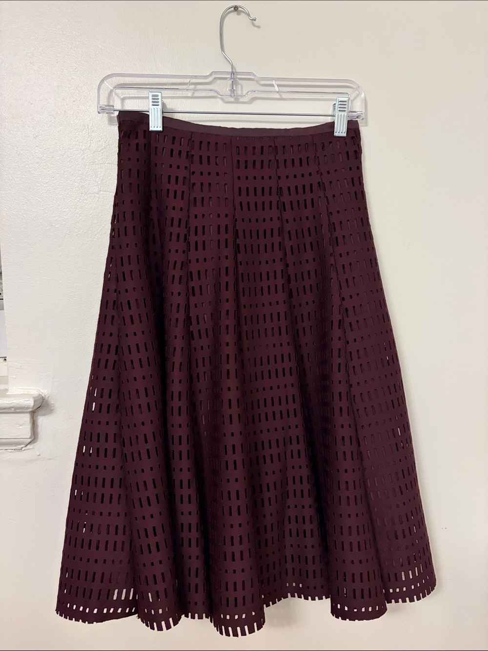 Junees A-Line Burgundy Skirt with Laser-Cut Overlay